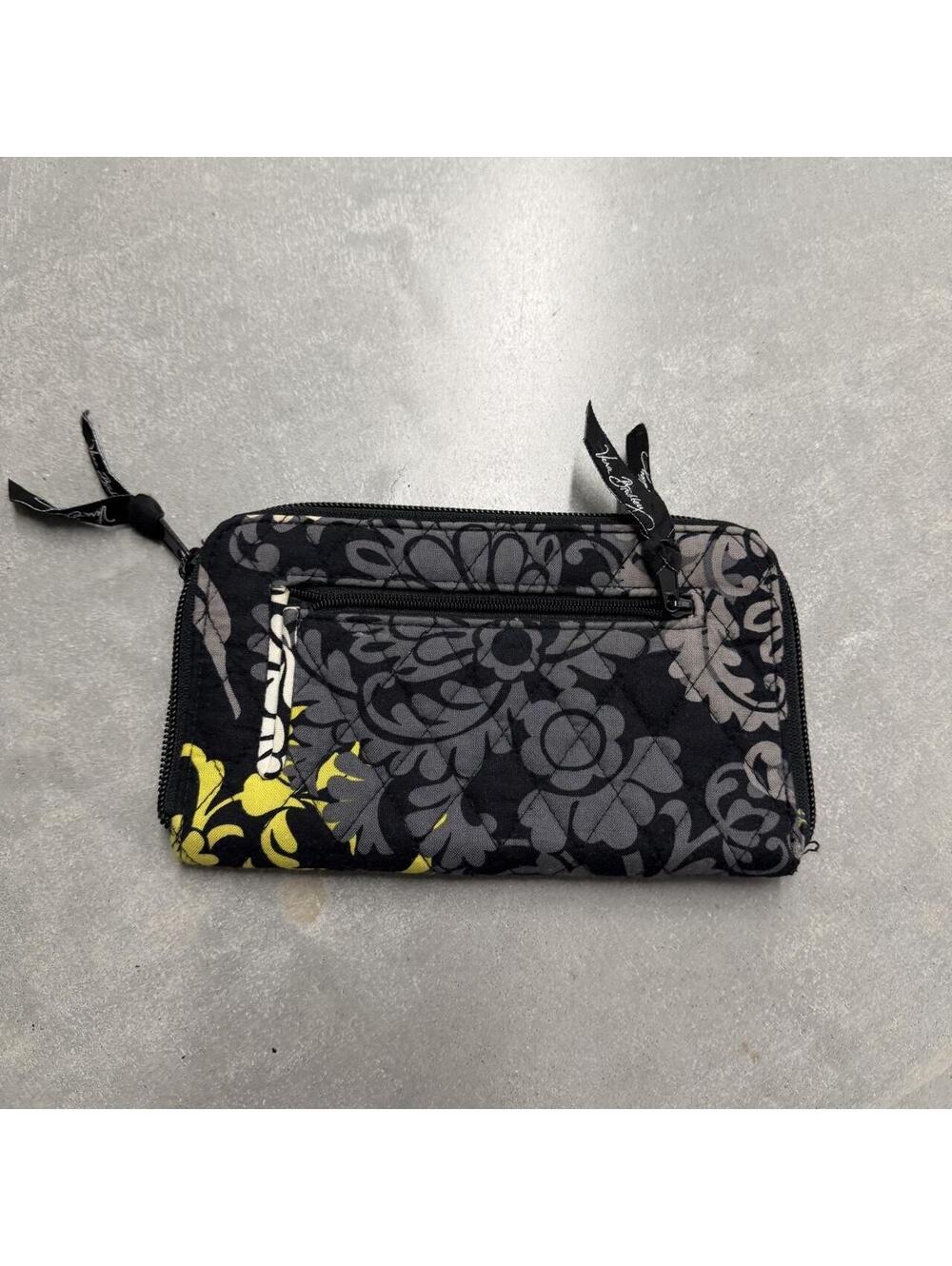 2000s Vera Bradley Baroque Floral Zip Around Wristlet Wallet Black Gray Yellow